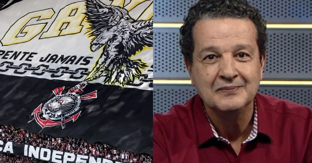 Torcida do Flamengo em vermelho e preto contra seção em preto e branco, bandeiras e vaia; crítica de Juca Kfouri representada por coluna jornalística.