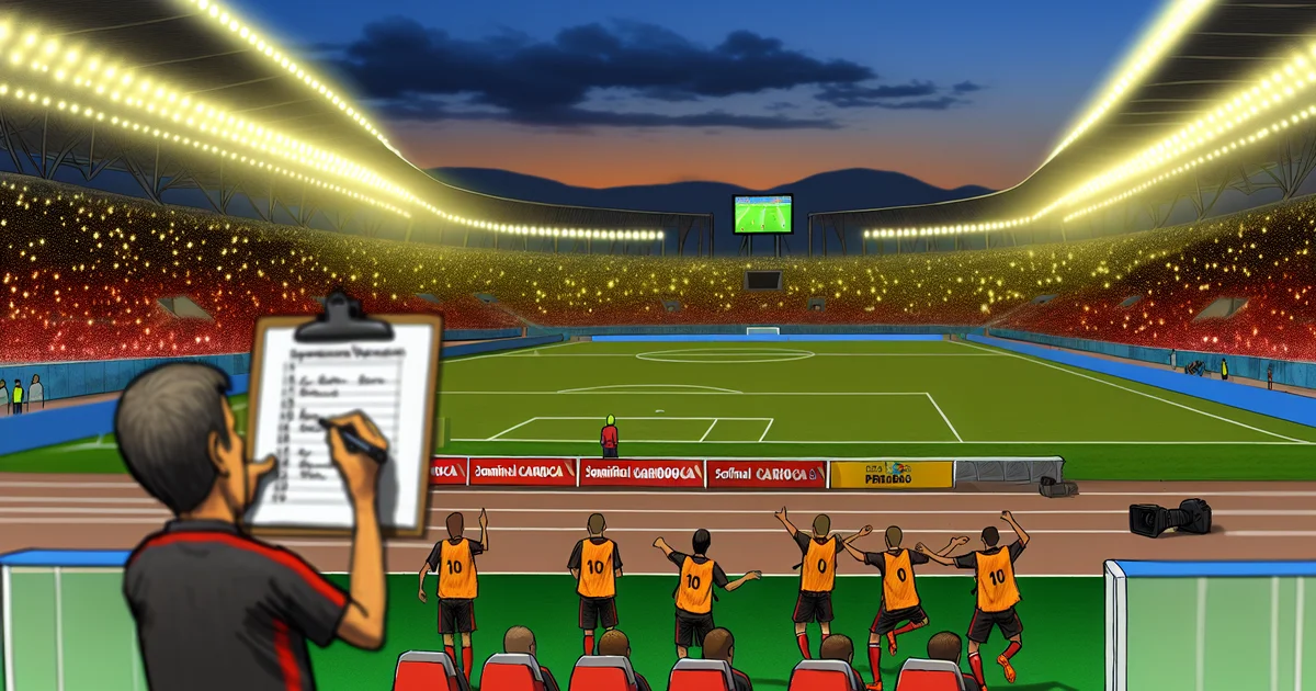 Estádio iluminado, torcida em vermelho e preto, Flamengo escalando time alternativo em aquecimento para semifinal do Carioca.