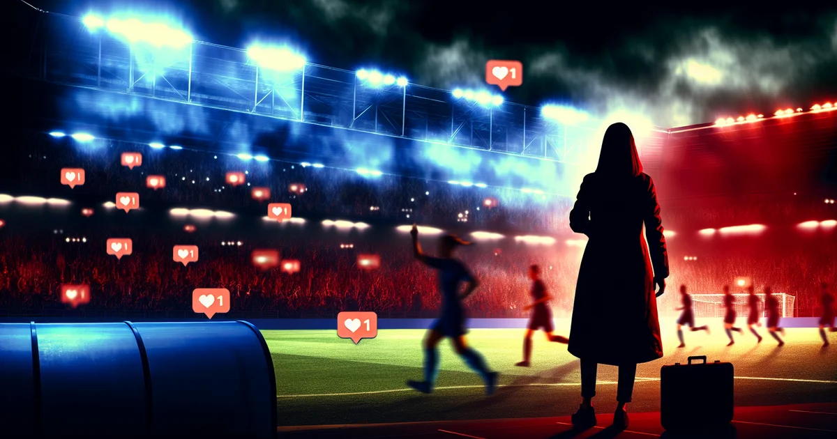 Estádio noturno com torcedores revoltados após derrota do Flamengo na Recopa, técnico em silhueta e ícones de redes sociais