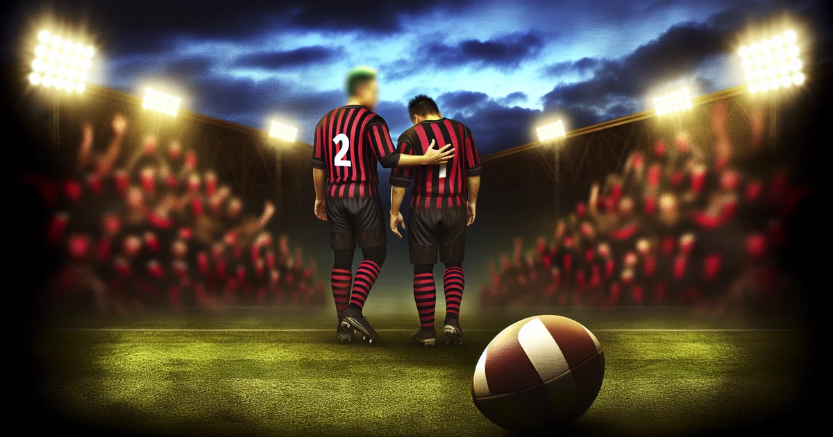 Ilustração editorial: jogador veterano apoia jovem no gramado, estádio em tons vermelho e preto, clima de tensão e esperança de recuperação.