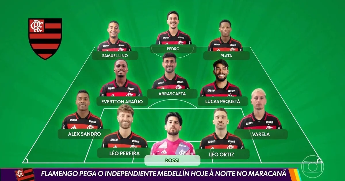 Ilustração editorial: partida da Libertadores no Maracanã, jogadores em vermelho e preto celebram retorno após lesão com torcida vibrante.