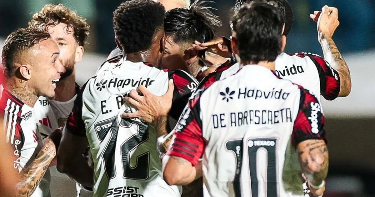 Ilustração editorial: estádio dividido mostrando o contraste financeiro Flamengo x Lanús na Recopa (5,1x), jogadores estilizados sem rosto.