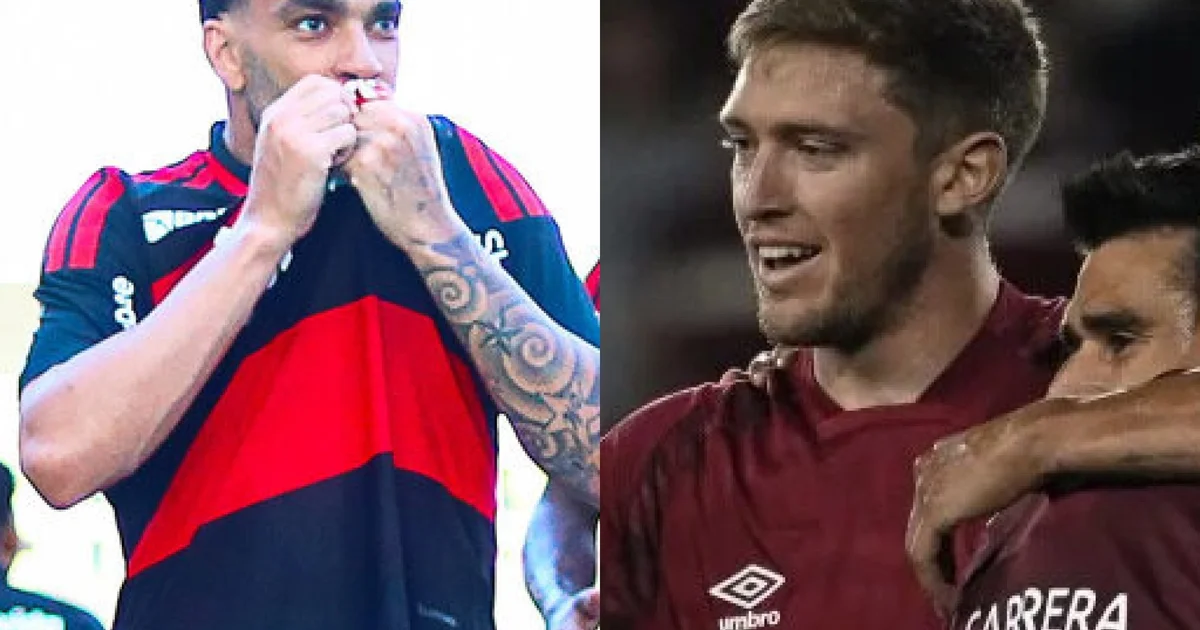 Ilustração editorial do confronto Flamengo x Lanús pela Recopa, estádio noturno, jogadores anônimos em ação e taça estilizada