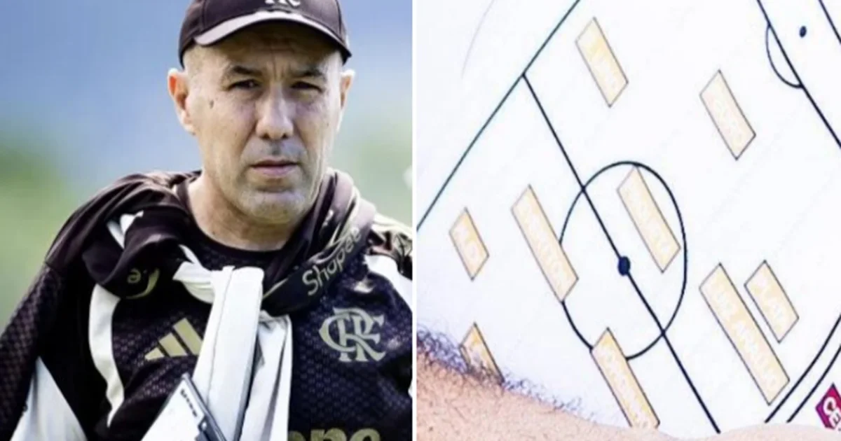 Folha de escalação vazada com oito nomes borrados sobre treino no Ninho do Urubu; jogadores de vermelho e preto, clima tenso antes da final.