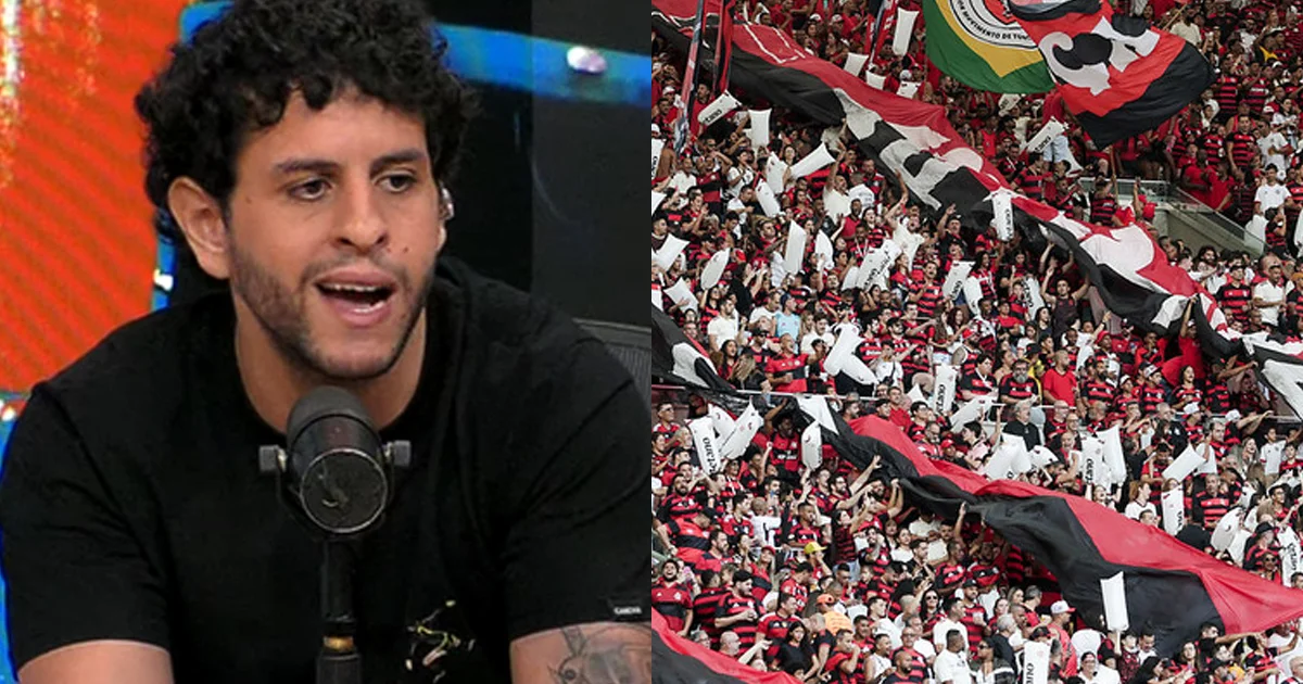 Maracanã vazio com faixas rasgadas em vermelho e preto, atmosfera tensa indicando crise da torcida do Flamengo e conflito com organizadas.