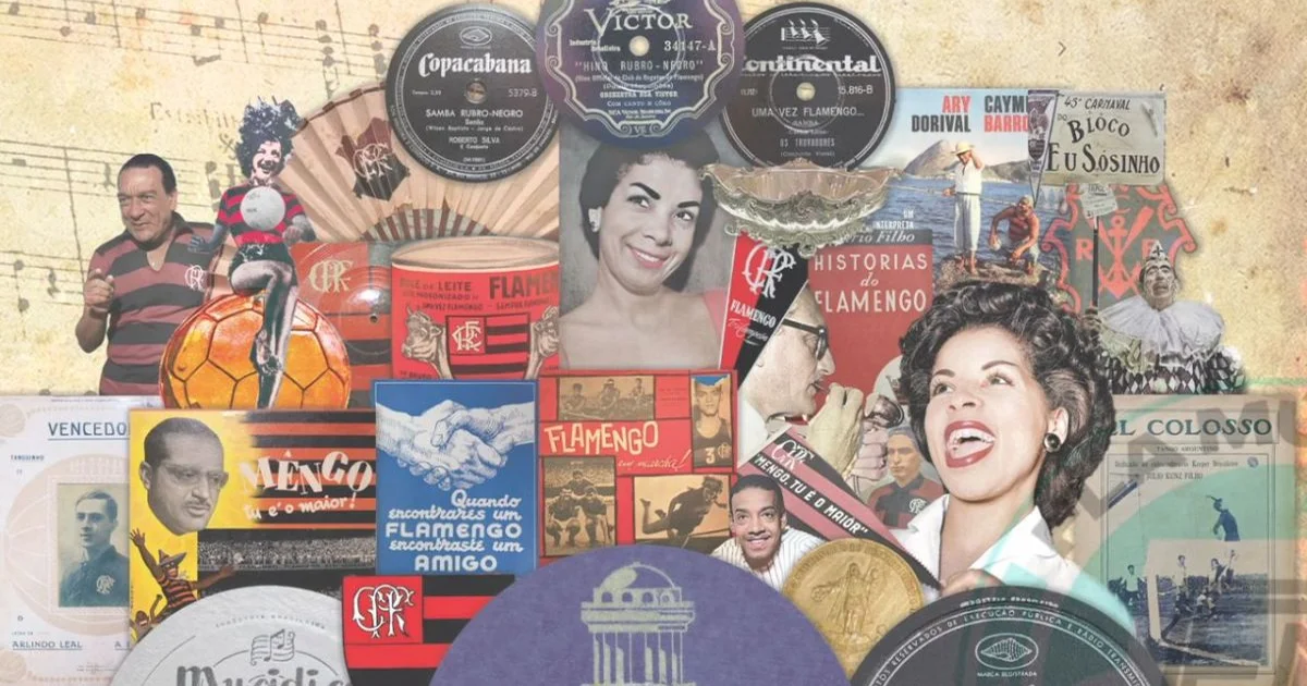 Ilustração editorial: livro aberto sobre a história do Flamengo, torcida em silhueta, bandeiras rubro-negras e elementos históricos flutuantes.