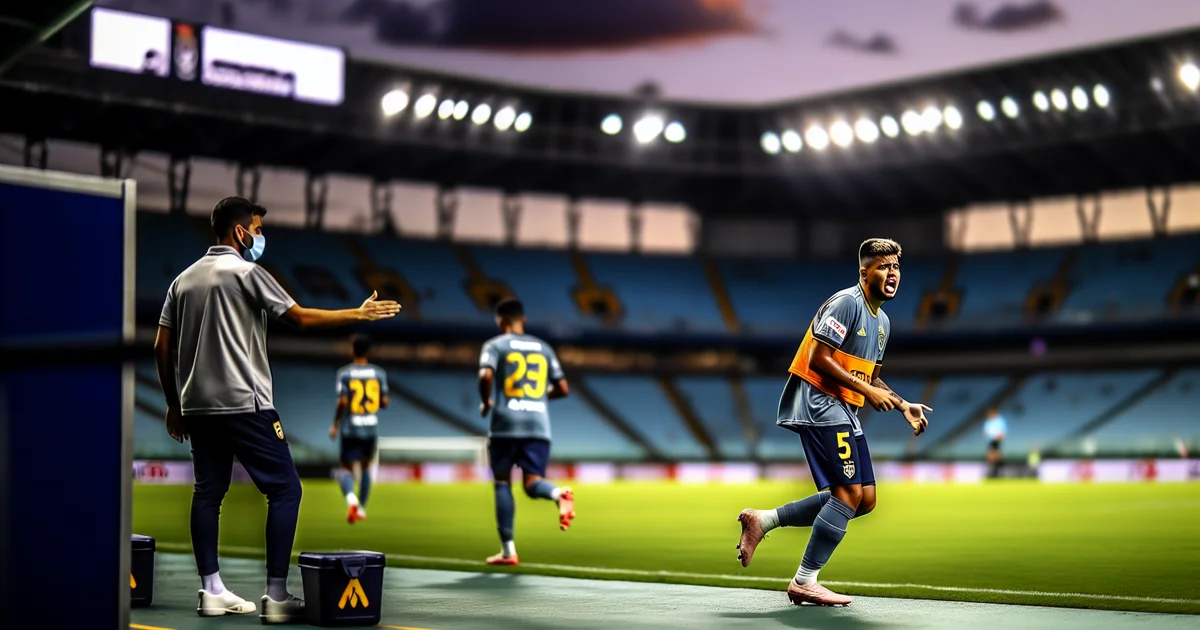 Ilustração editorial: zagueiro brasileiro com a camisa 57 em estreia complicada, substituído no intervalo, estádio americano e torcida tensa