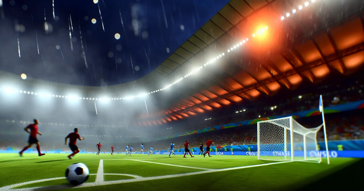 Ilustração editorial da semifinal do Carioca: estádio noturno, ação entre Flamengo e Madureira, torcida vibrante e clima de suspense