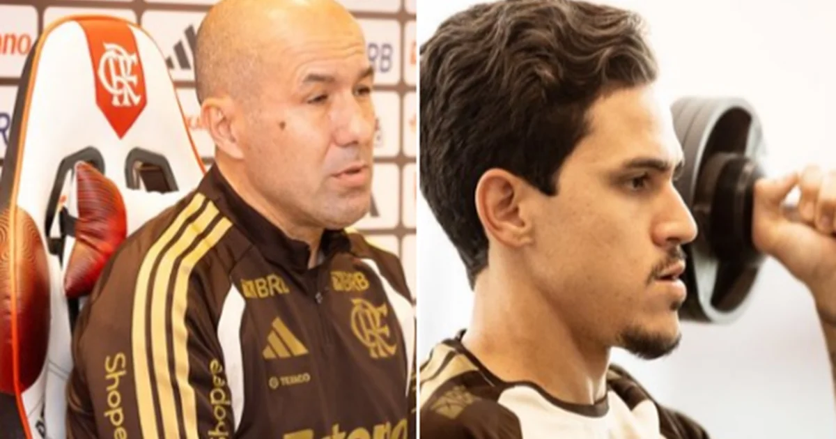 Ilustração editorial: treinador Jardim observa o atacante Pedro, camisa 9, treinar no estádio, análise tática e foco na finalização.