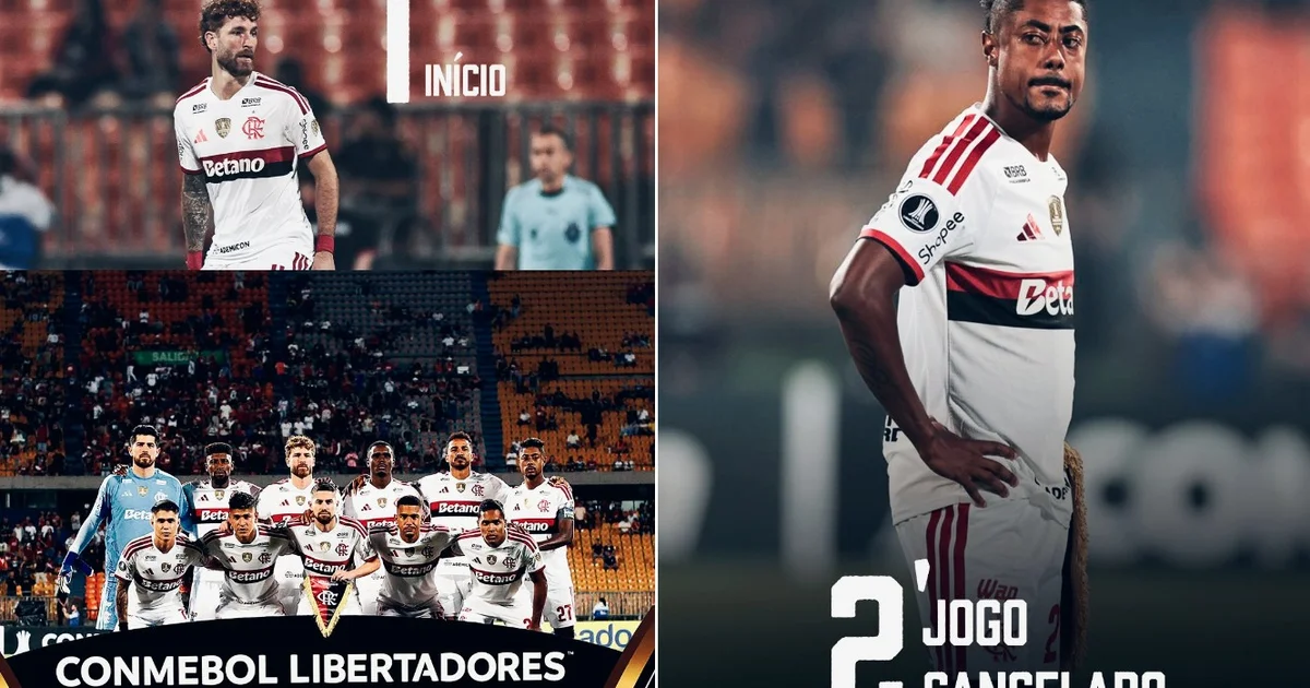 Ilustração de estádio em Medellín com jogo do Flamengo interrompido por protestos, fumaça e placar indicando jogo cancelado e possível W.O.