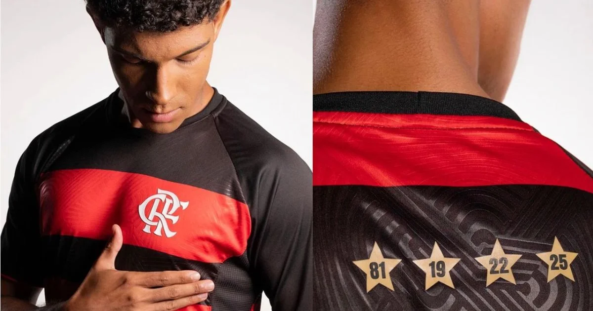 Ilustração editorial: camisa exclusiva rubro‑negra em estádio, parceria com Shopee sugerida por ícones laranja e tag R$ 99