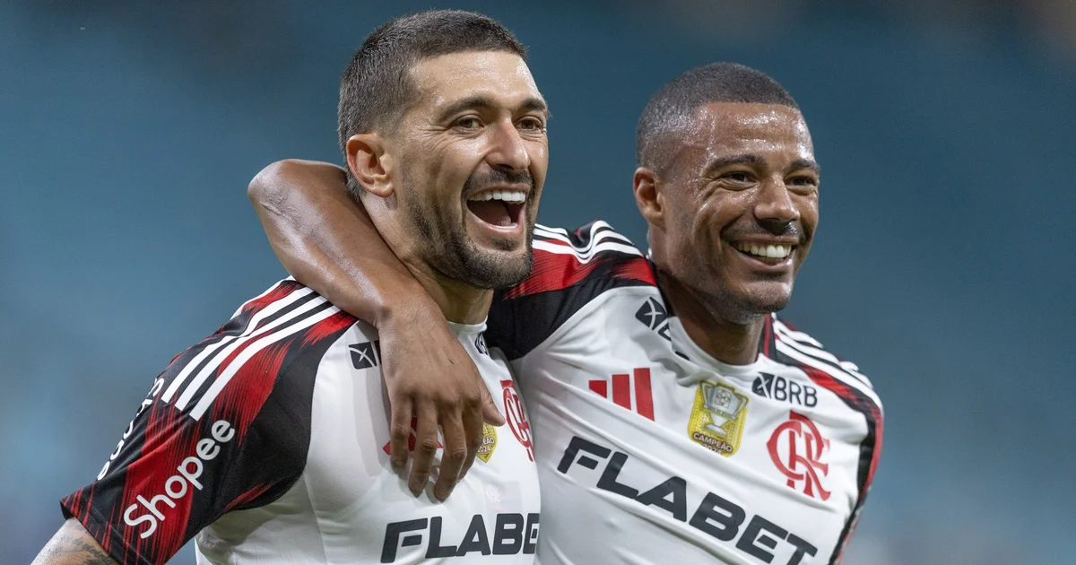 Ilustração do Maracanã com dez camisas vazias no banco e silhuetas de jogadores saindo para seleções — desfalques do Flamengo.