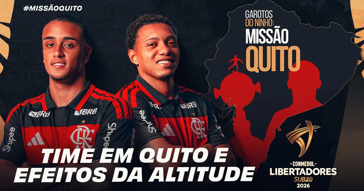 Ilustração editorial de transmissão da Libertadores Sub-20 em Quito: câmera em primeiro plano, partida em ação e torcida com faixas rubro-negras.