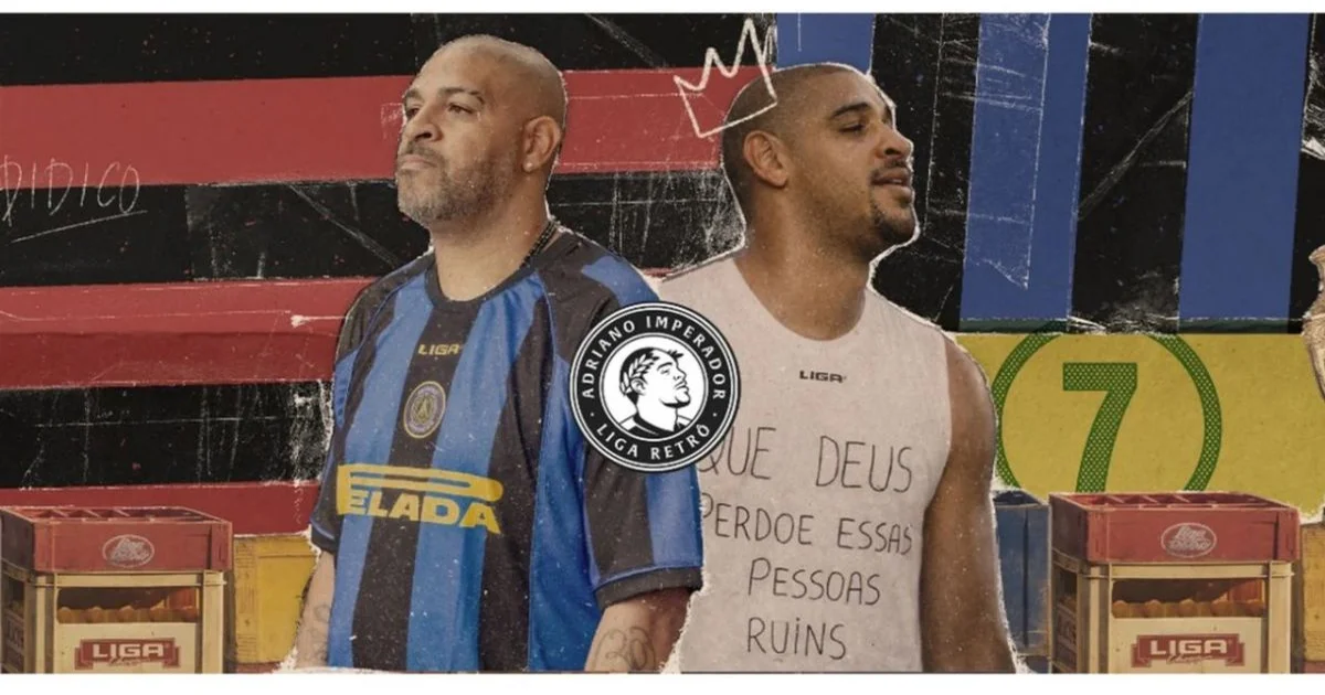 Ilustração editorial da Liga Retrô em homenagem a Adriano Imperador: camisas retrô (Flamengo, seleção, Inter), torcida e estádio.