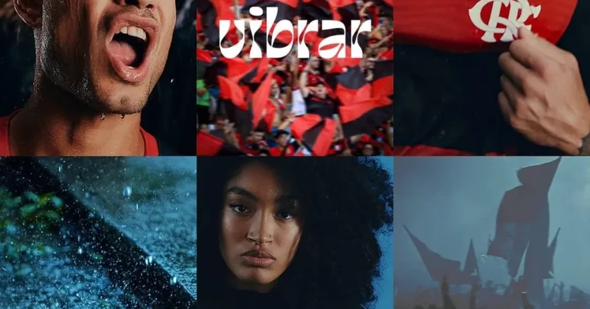 Ilustração editorial do lançamento Vibrar Inverno 2026 na Gávea: vitrine com moletons e windbreakers, torcedores em frente, cores vermelho e preto.