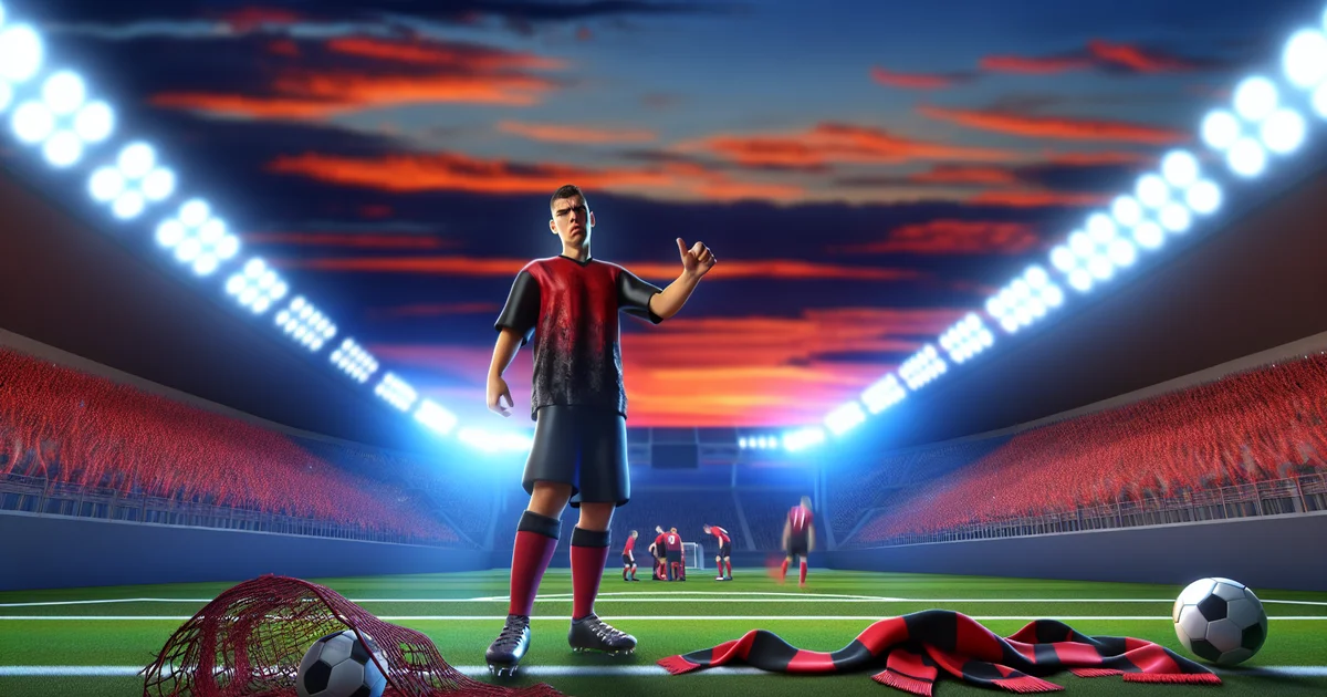 Ilustração editorial: estádio ao anoitecer, atacante frustrado com uniforme vermelho e preto, torcida ao fundo, placar baixo e clima de pressão (Flamengo).