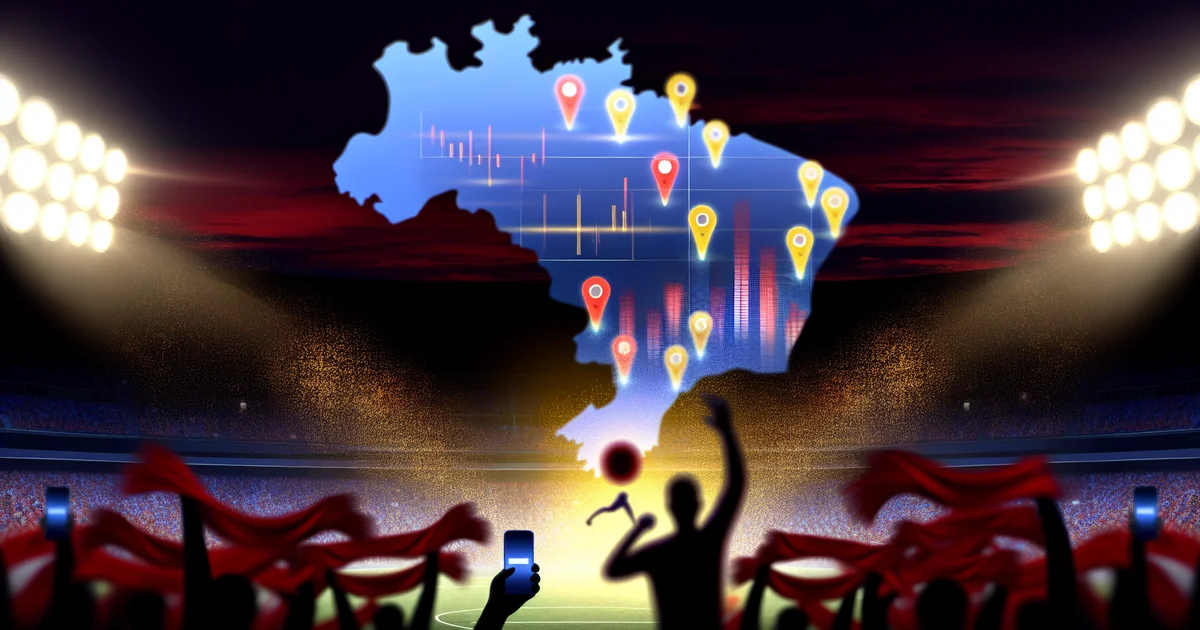 Ilustração editorial: estádio com torcida em vermelho e preto, mapa do Brasil com 19 pinos e elementos de buscas sobre Flamengo e Campeonato Brasileiro