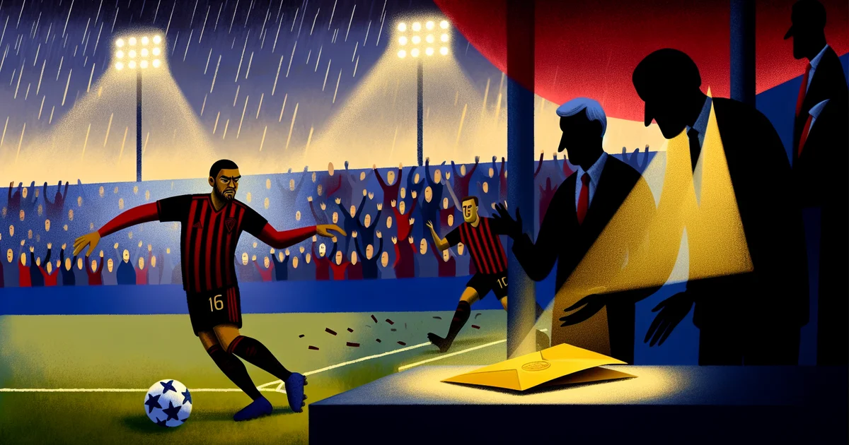 Ilustração editorial: meia do Flamengo em ação no estádio, torcida ao fundo e diretoria recusando oferta simbolizada por envelope dourado.