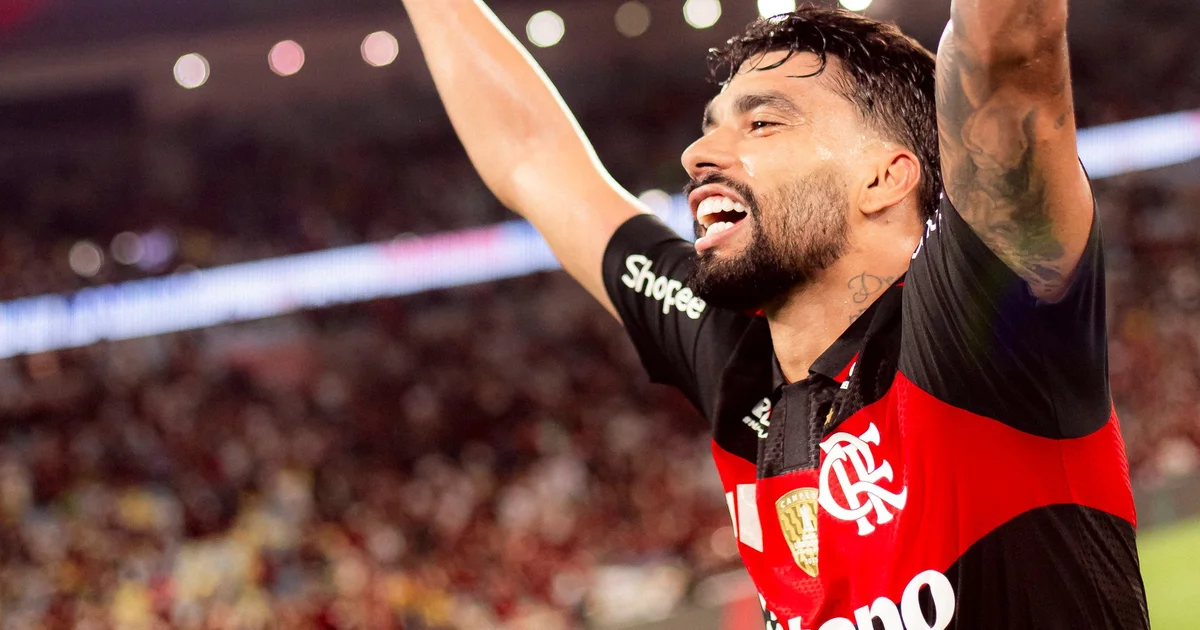 Ilustração editorial do clássico no Maracanã: time rubro-negro comemora 2 a 1, torcida vibrante e pressão nos minutos finais.