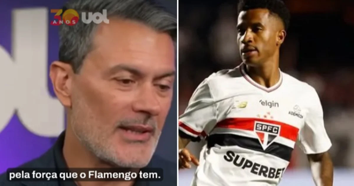 Estádio dividido com torcida vermelha e branca, jogador genérico ao centro e contrato sobre mesa, simbolizando negociação entre clubes