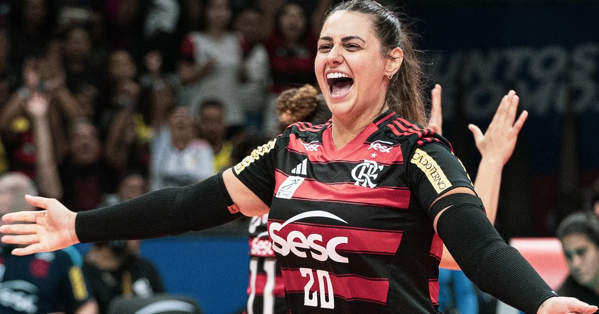 Ilustração editorial de partida decisiva de vôlei no Tijuca, jogadoras anônimas em ação, torcida vibrante; Flamengo busca liderança na Superliga.