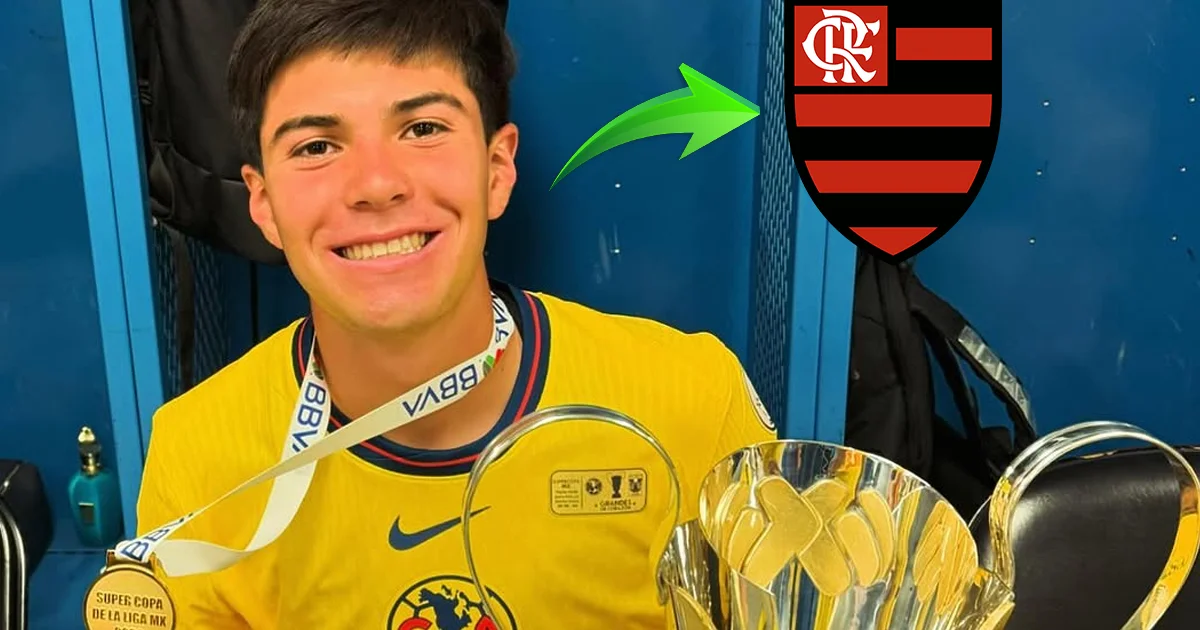 Ilustração editorial de jovem atacante mexicano em estádio brasileiro, torcida rubro-negra ao fundo e cena que remete a negociação e treino Sub-20