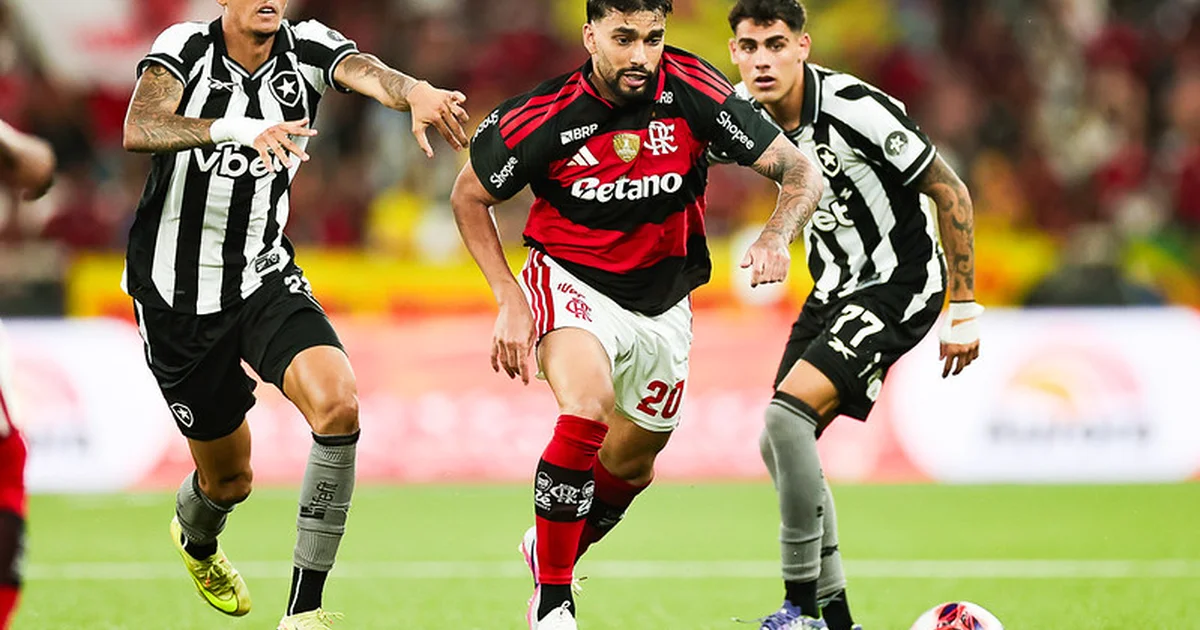 Ilustração editorial do clássico Flamengo x Botafogo no Nilton Santos: ação em campo, torcida e transmissão por streaming.