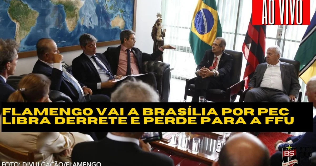 Torcida em vermelho e preto (Flamengo), estádio, ação no campo e silhueta de Brasília com documentos da PEC voando