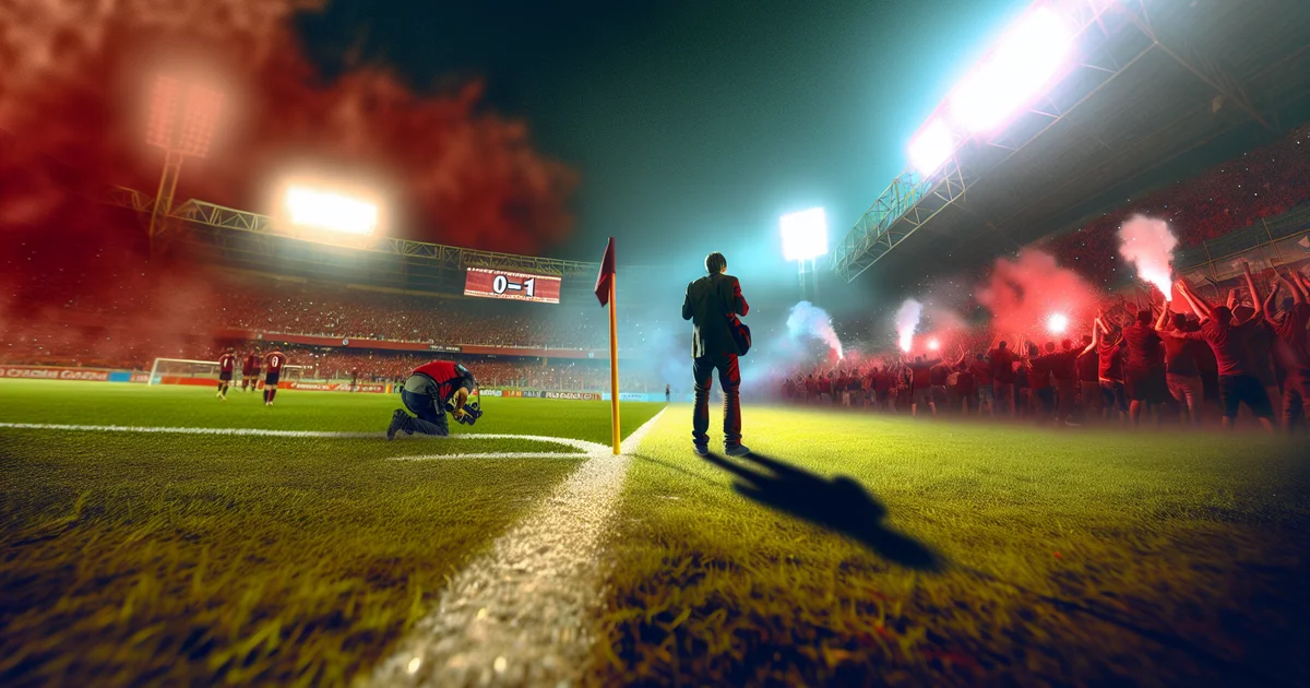 Ilustração editorial: jogador rubro-negro de costas diante do placar 0-1, torcida adversária celebra — Recopa, Flamengo, derrota.