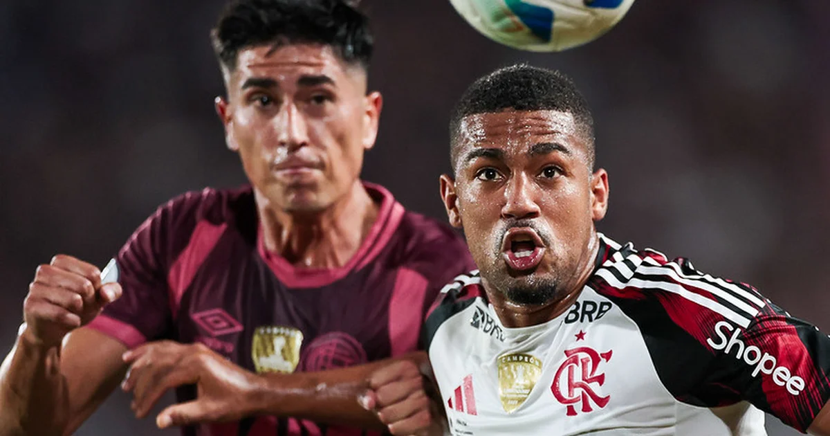 Ilustração editorial: Recopa em Ciudad Lanús, Flamengo (vermelho/preto) perde 0-1 para Lanús; estádio, torcida e contra-ataque decisivo.