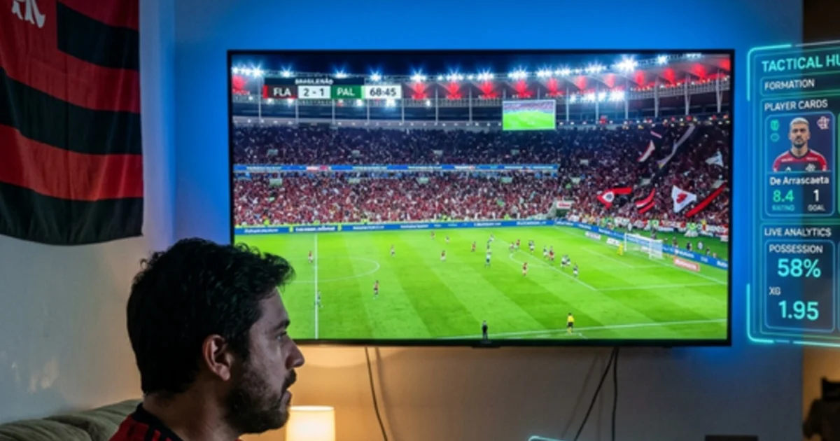 Reunião na Gávea: dirigentes anônimos, transmissão de TV, gráfico de receitas em alta e torcida em tons rubro‑negros