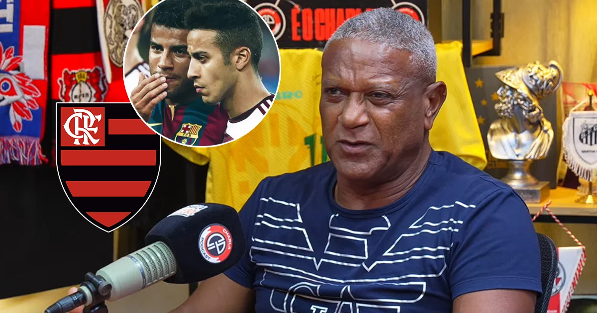 Pai e dirigente conversam à beira do campo, camisas vazias e contrato sobre a mesa; negociação do Flamengo não se concretizou.