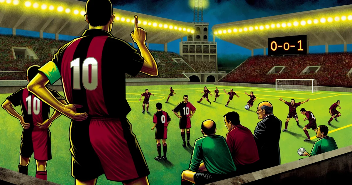 Ilustração editorial do Maracanã: jogadores do Flamengo (vermelho e preto) olhando o placar 0-1 na Recopa, torcida ao fundo.