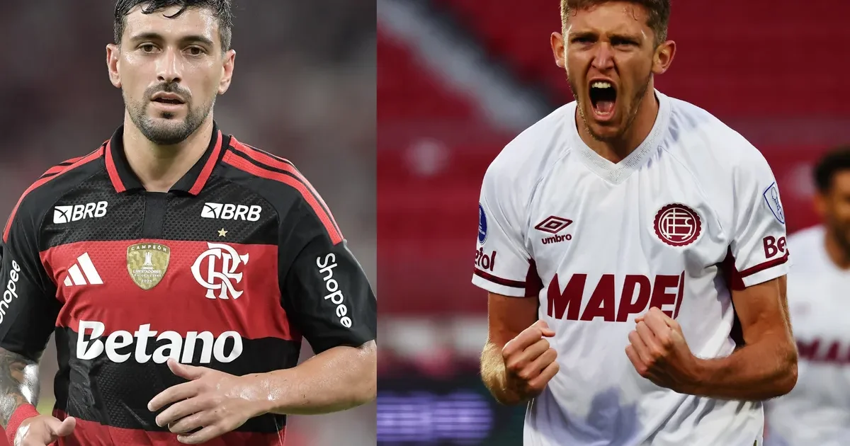 Ilustração editorial no Maracanã à noite, torcida rubro-negra em vermelho e preto pressiona por vitória de dois gols na Recopa.