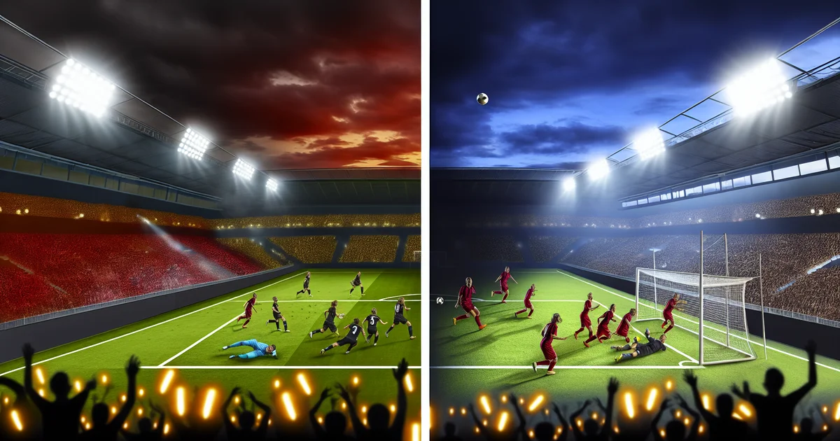 Ilustração editorial: estádio com defesa em crise do Flamengo e torcida apreensiva; à direita, time feminino celebra vitória sob confetes.