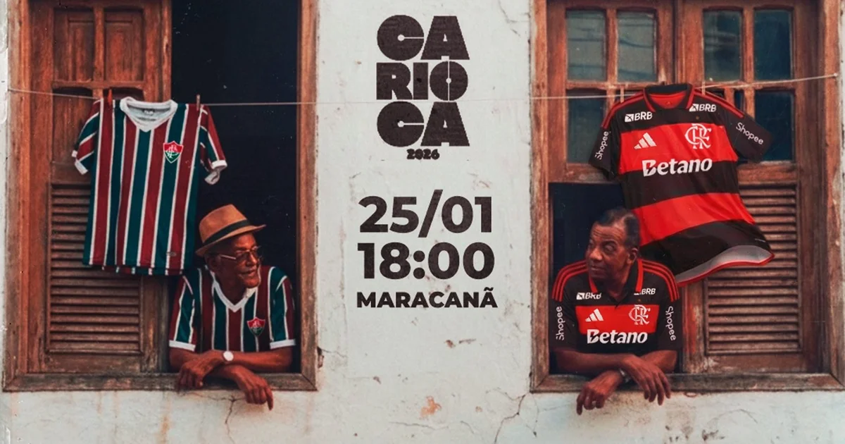 Ilustração editorial: torcedor com bandeira “Segue tudo normal no Rio de Janeiro”, torcida do Flamengo celebra título; rivais do Fluminense abatidos.