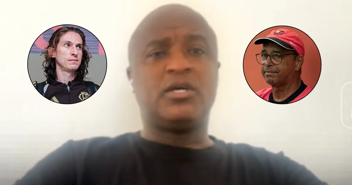 Ilustração editorial de estádio rubro-negro ao entardecer, torcida com faixas, jogador em ação e estátua simbólica homenageando ídolo.