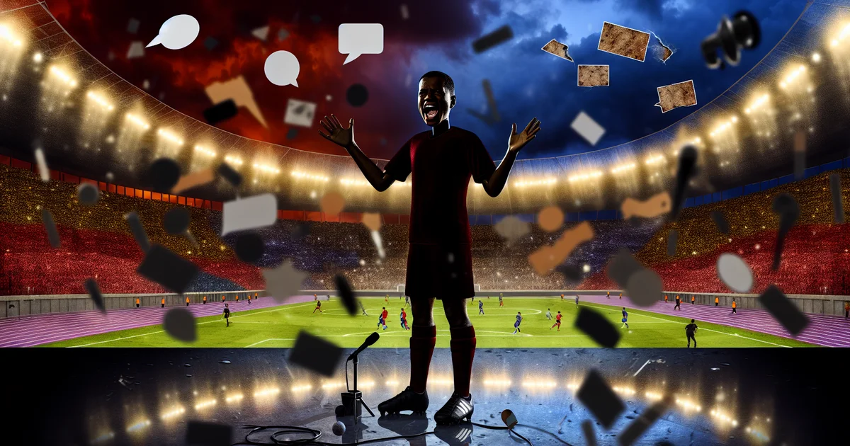 Ilustração editorial do estádio do Flamengo à noite, torcida dividida, repercussão sobre racismo e o número 87 no placar.