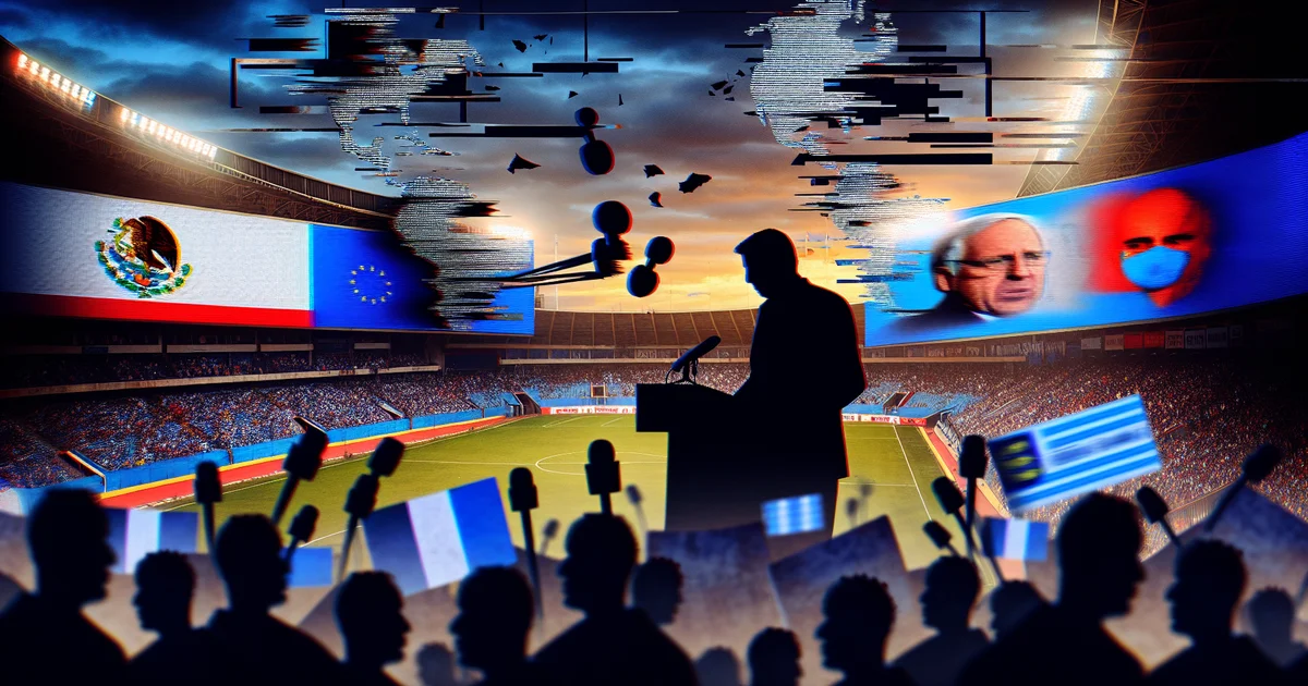 Ilustração editorial: treinador sem rosto em púlpito no estádio, manchetes internacionais e multidão, repercussão internacional das declarações.