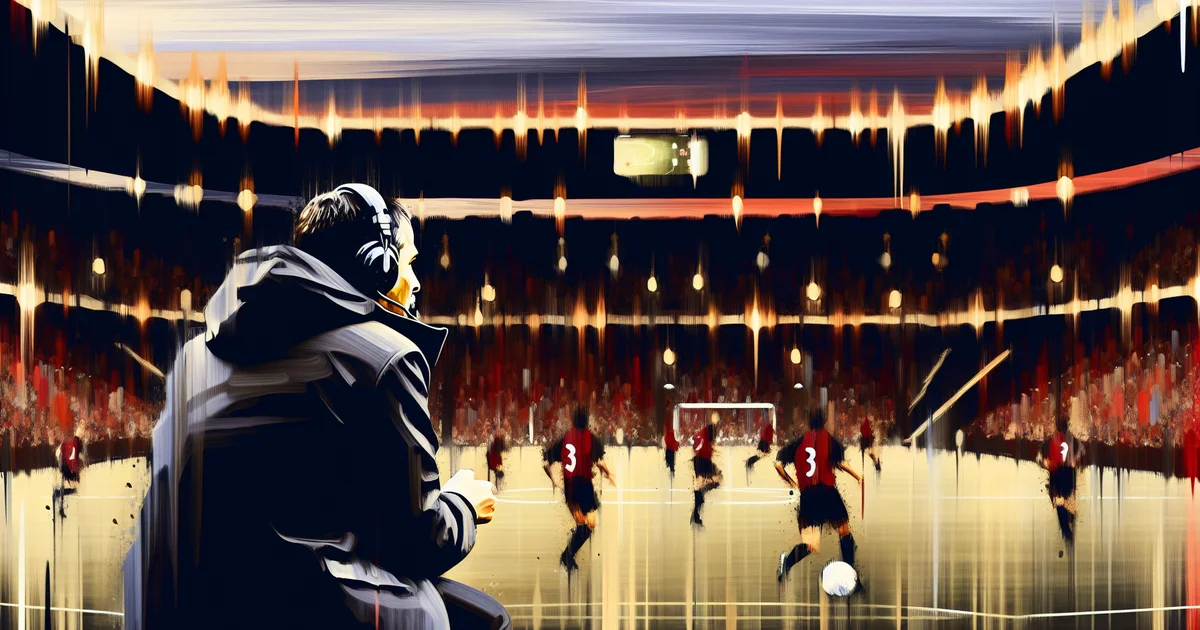 Ilustração editorial: técnico solitário na beira do campo, torcida tensa em cores rubro-negras, atmosfera de pressão sobre o treinador do Flamengo.