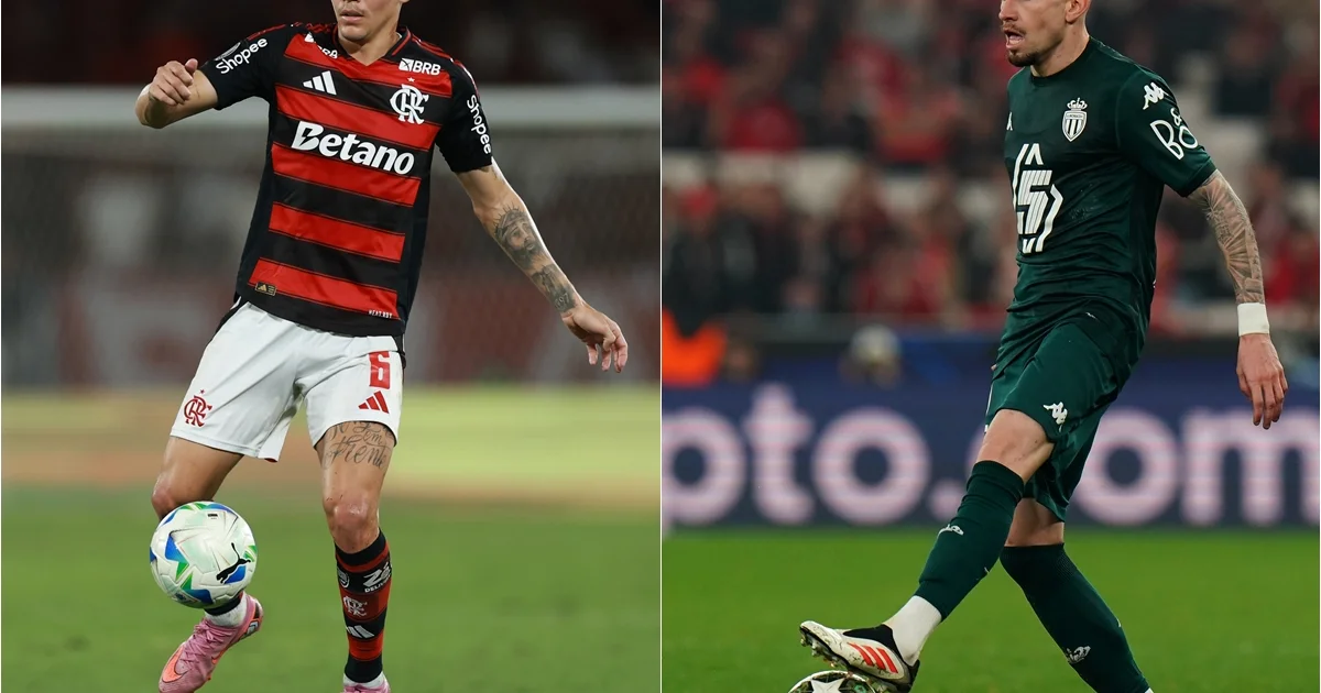 Ilustração editorial de disputa na lateral do campo, lateral-esquerdo em ação, torcida rubro-negra ao fundo e elementos de negociação.