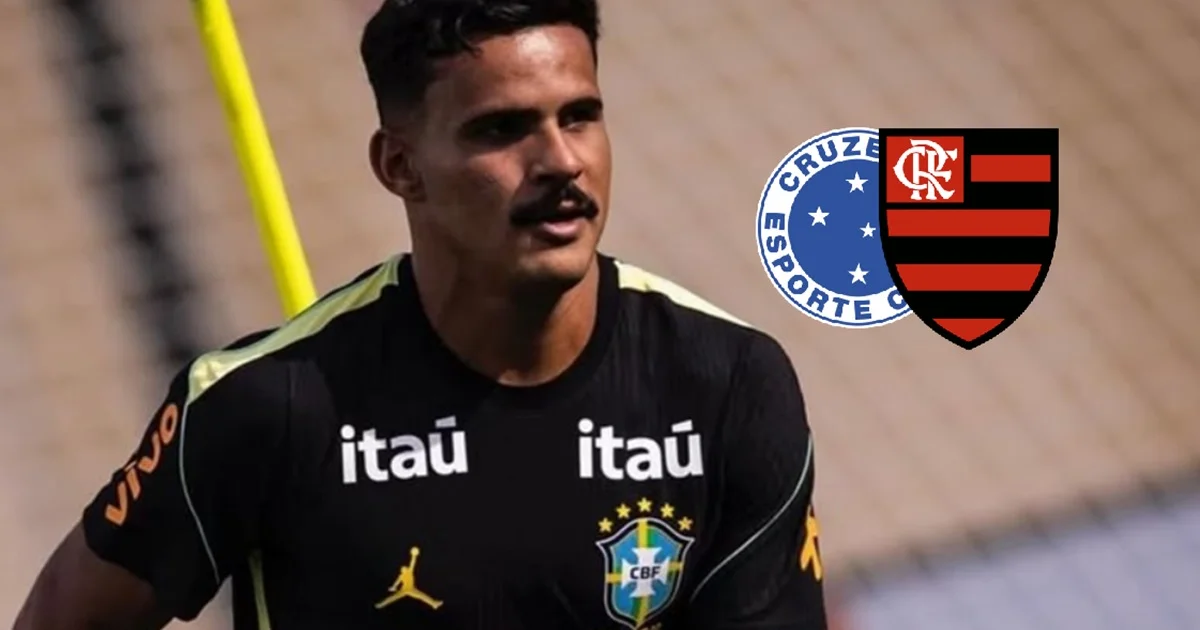 Ilustração editorial de negociação de empréstimo entre Flamengo e Cruzeiro: lateral, contrato flutuante e estádio ao fundo