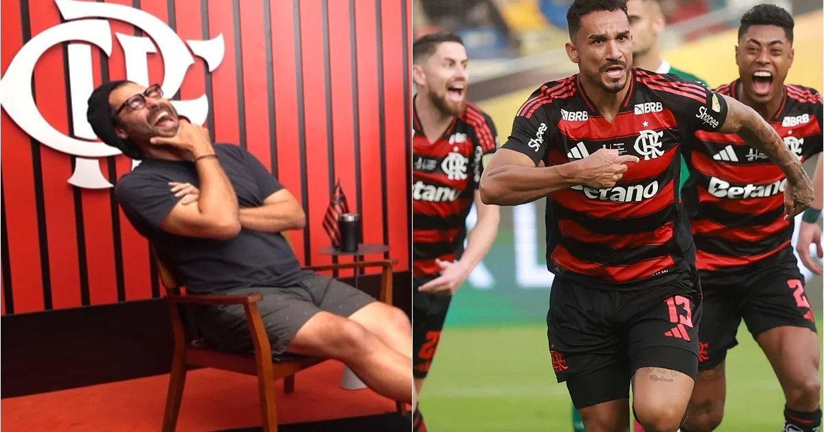 Ilustração editorial: torcedor em Lima com CNH na mão, estádio lotado, bandeiras do Flamengo abstratas, confetes e clima de final.