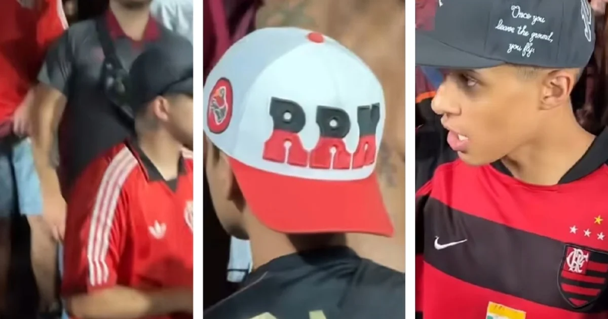 Arquibancada em Lanús com torcedores usando muitas camisas e bonés rubro-negros do Flamengo, clima amistoso e curioso