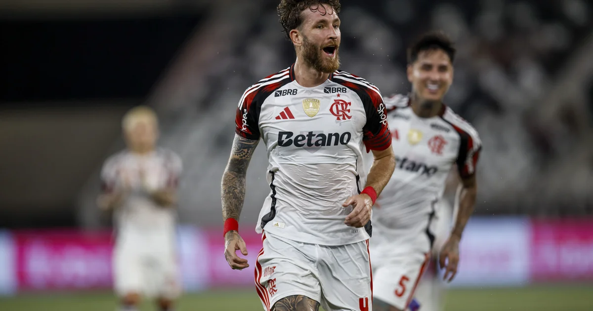 Ilustração do Estádio Nilton Santos: Flamengo celebra vitória 3 a 0 sobre Botafogo, jogadores em vermelho e preto e torcida vibrante.