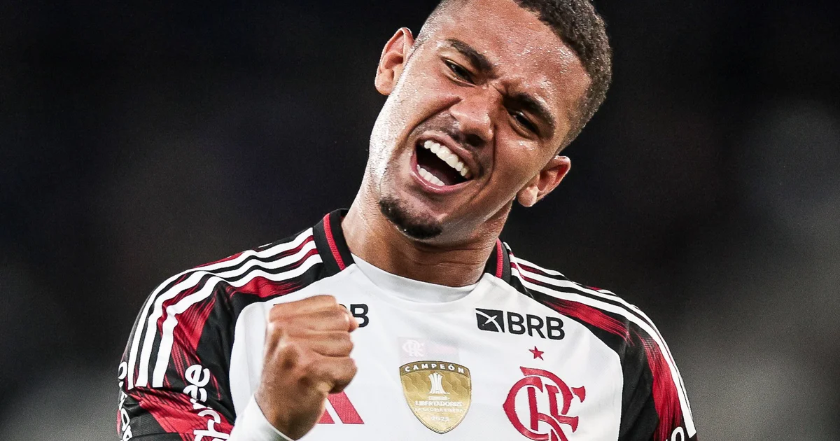 Ilustração editorial: Flamengo vence Botafogo 3 a 0, jogadores celebram, torcida vibra no estádio à noite, clima de festa e subida ao G-4