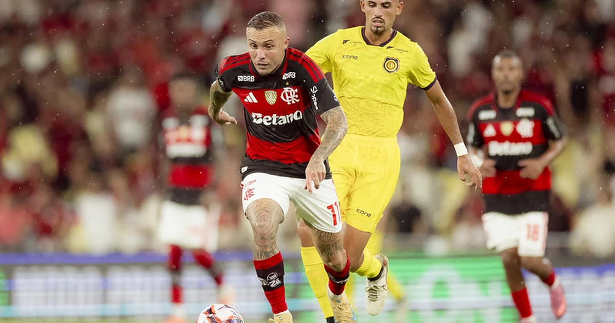 Ilustração editorial do Maracanã: time em vermelho-e-preto comemora gol, placar 3 a 0, torcida e floodlights ao fundo