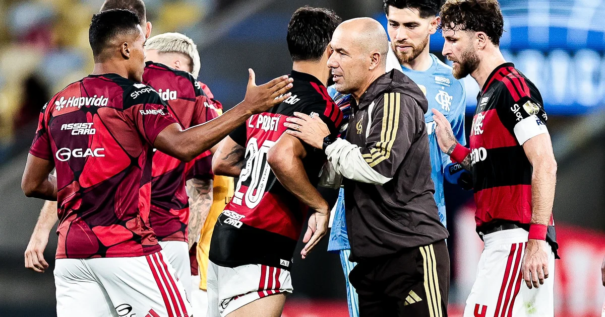 Ilustração editorial do Maracanã cheio, torcida em vermelho e preto, jogadores comemorando vitória por 4 a 1 na Libertadores.