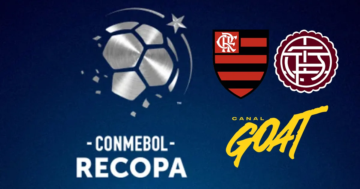 Ilustração editorial de estádio argentino ao entardecer, partida Flamengo x Lanús, transmissão internacional com torcida, câmeras e mapa de países alcançados.