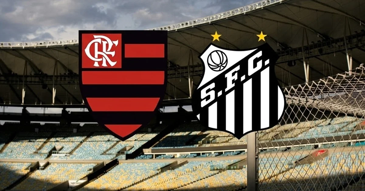 Ilustração editorial do Maracanã ao pôr do sol, clima tenso de Flamengo x Santos, torcida, ação em campo e sensação de urgência.